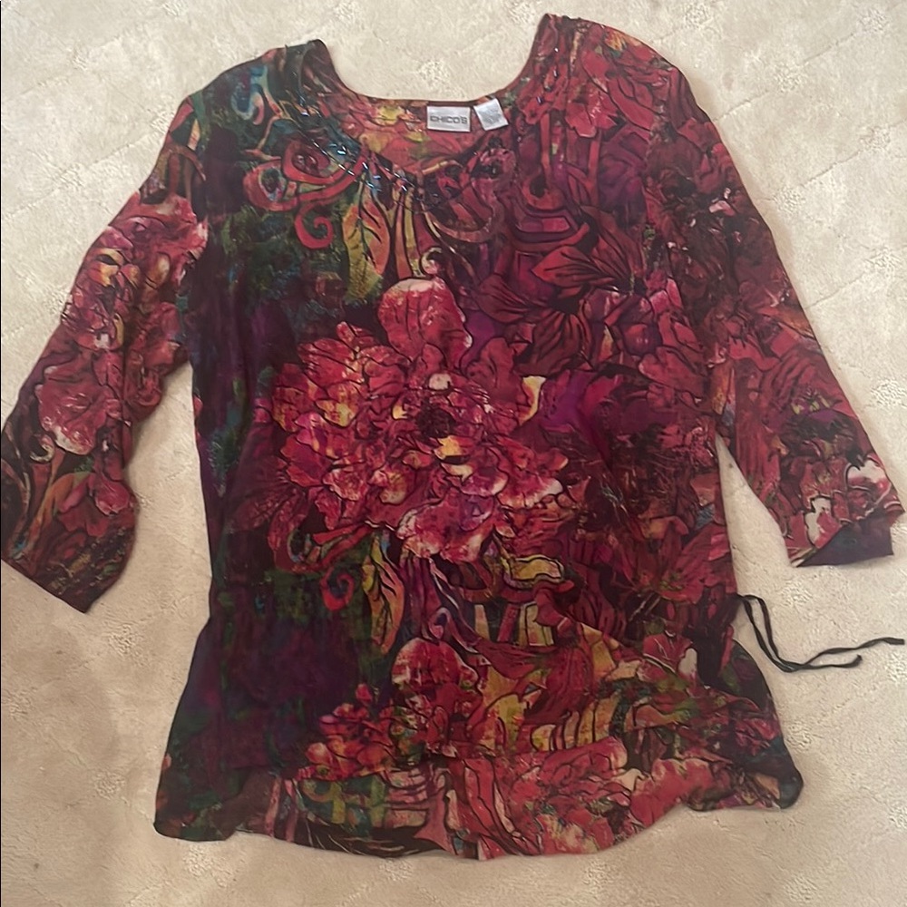 Chico's Red Graphic Blouse Relaxed Fit